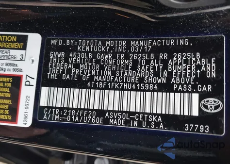 2017 Toyota Camry Se из США, поврежденный, VIN 4T1BF1FK7HU415984